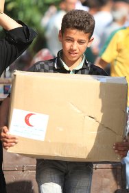 叙利亚，哈姆布希亚。一个小男孩抱着叙利亚红新月会伊德利卜分会志愿者分发的一箱食品。