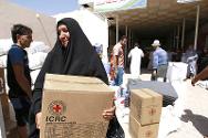 Distribution d'assistance à des personnes qui ont fui à Najaf depuis la région de Mossoul.