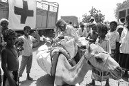 عدن، اليمن، 1994.الأسر المضارة تتلقى المساعدات الغذائية.