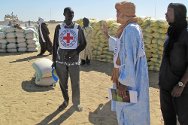 马里，通布图区，海尔多克南（Heldokhnan），红十字国际委员会工作人员准备向流离失所的平民分发食品。
