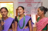 Gulariya, Bardia district, Nepal. Members of a support group sing a song during a psychosocial support programme handover event. The songs relate the suffering faced by the families of missing persons.