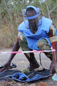 Zimbabwe. An officer uses a metal detector to search a dummy minefield during an exercise.