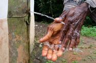 Simple bamboo poles next to latrines are a convenient way of storing water for washing hands.