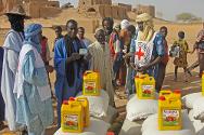 Une personne déplacée suite au conflit armé au Mali reçoit un document qui lui permettra de recevoir des vivres distribués par le CICR en collaboration avec la Croix-Rouge malienne.