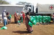 Des villageois rentrés à Mayu, dans la région d’Oromia, viennent chercher des semences et des outils agricoles fournis par le CICR et la Croix-Rouge éthiopienne pour les aider à reprendre une activité génératrice de revenus.