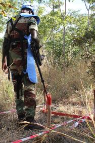 Zimbábue. Um oficial usa um detector de metal para buscar uma mina terrestre de mentira durante um exercício.
