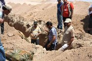 Funcionários exumam restos de iraquianos mortos durante a Guerra do Golfo (1990-1991) de uma cova no deserto do Kuaite.