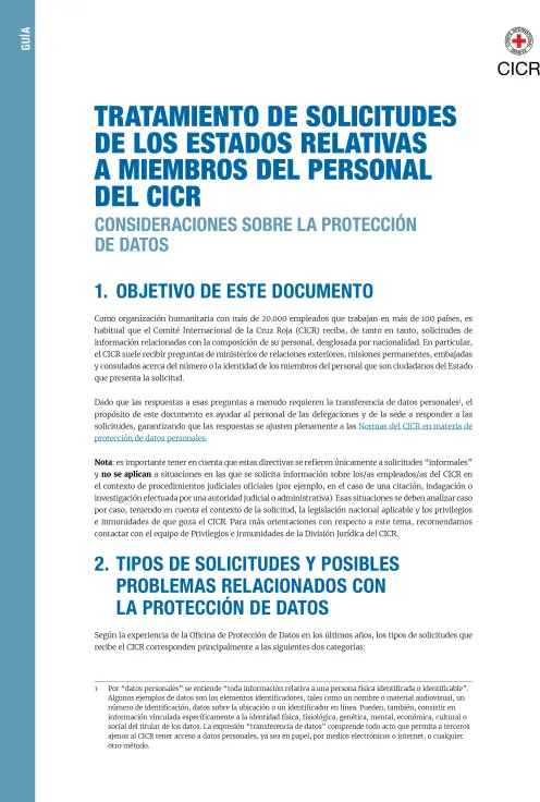 Portada de la publicación "Tratamiento de solicitudes de los estados relativas a miembros del personal del CICR: consideraciones sobre la protección de datos"