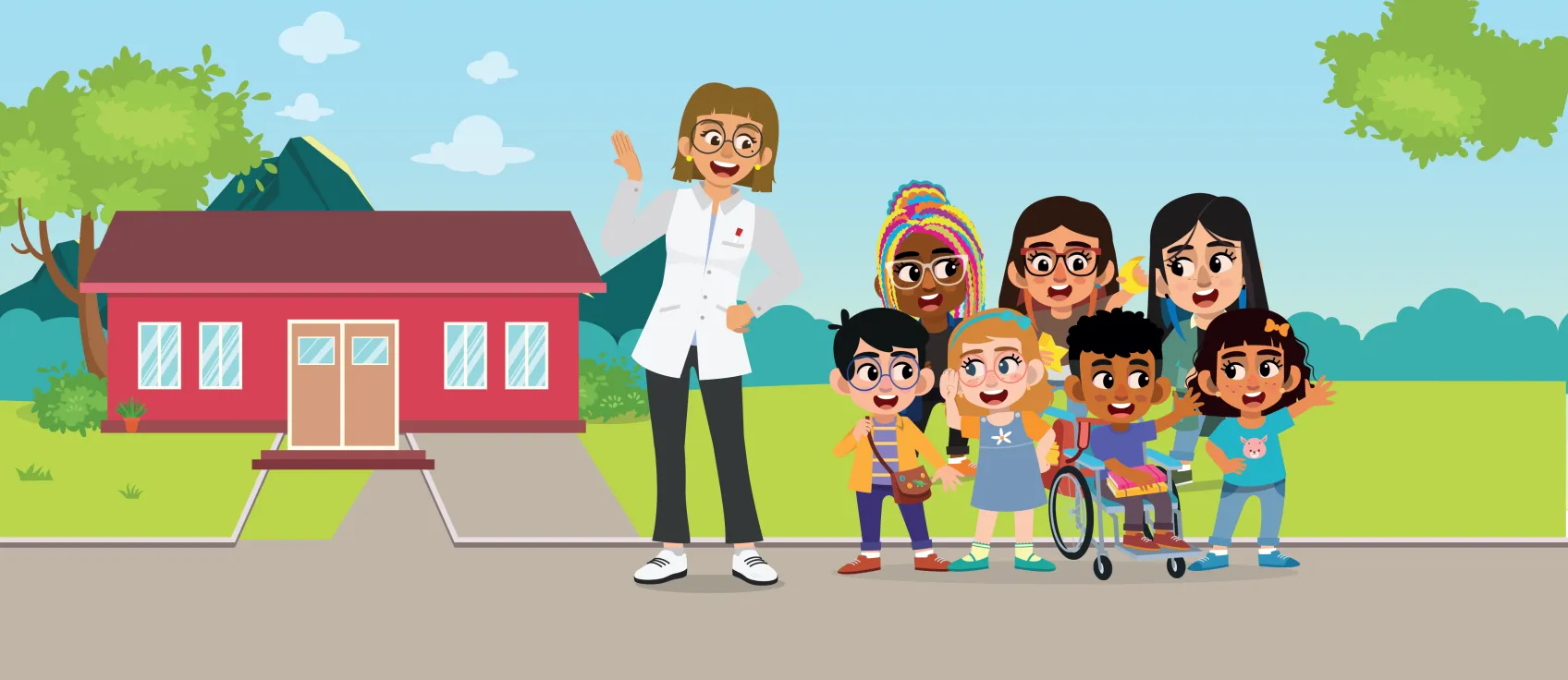 Una ilustración de una escuela, con una profesora y niñas y niños al lado de la escuela.