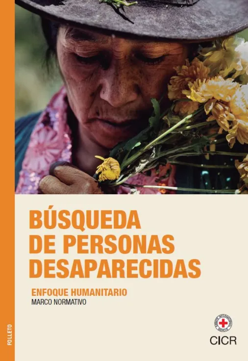 Folleto sobre búsqueda de personas desaparecidas, muestra la fotografía de una mujer sosteniendo unas flores.