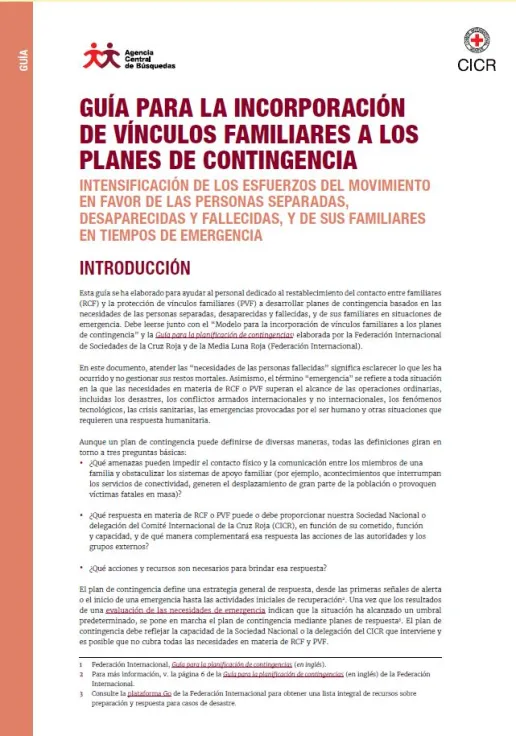 Portada de la publicación "Guía para la incorporación de vínculos familiares a los planes de contingencia"