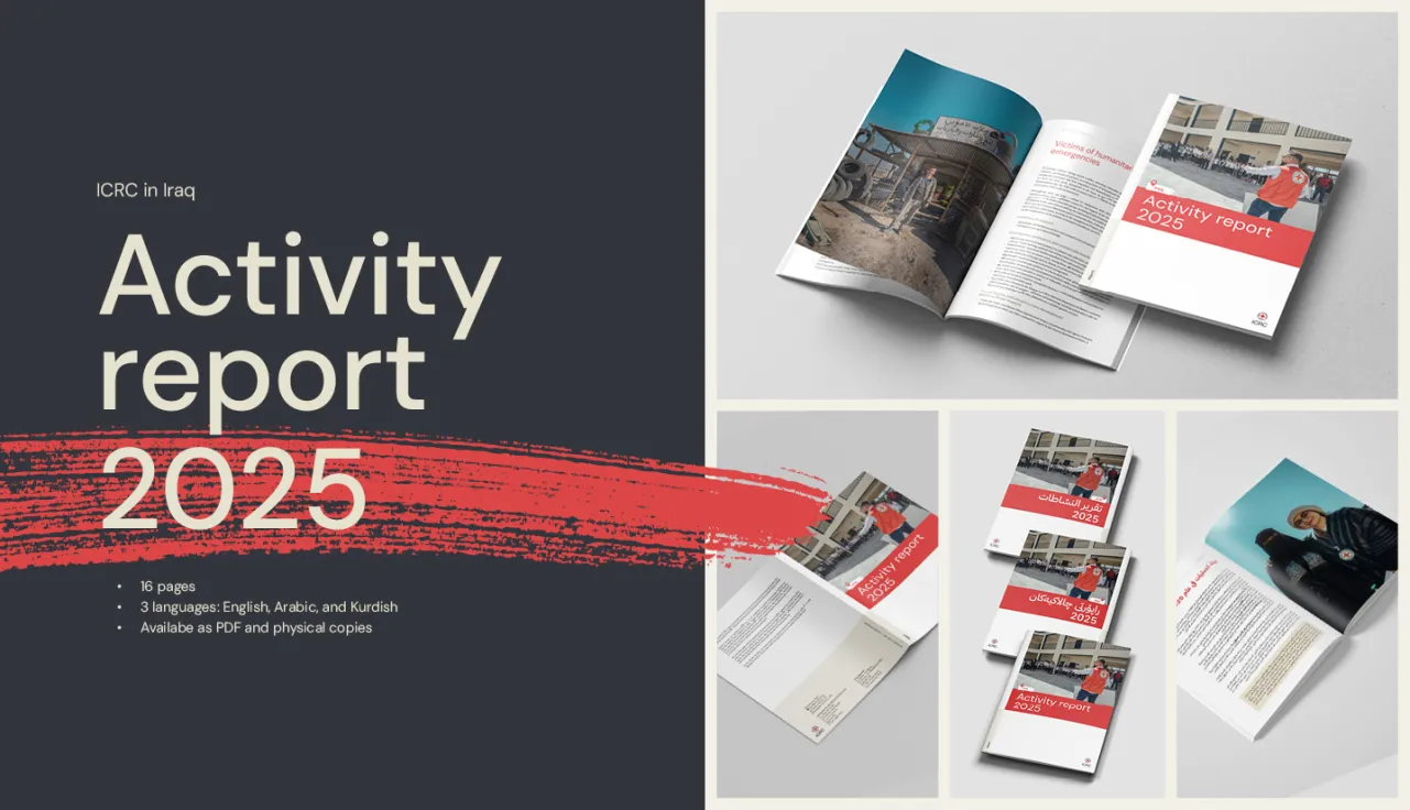 Mockups of the 'Activity Report, Iraq 2025,' showing a professional design with the title prominently displayed on the cover.