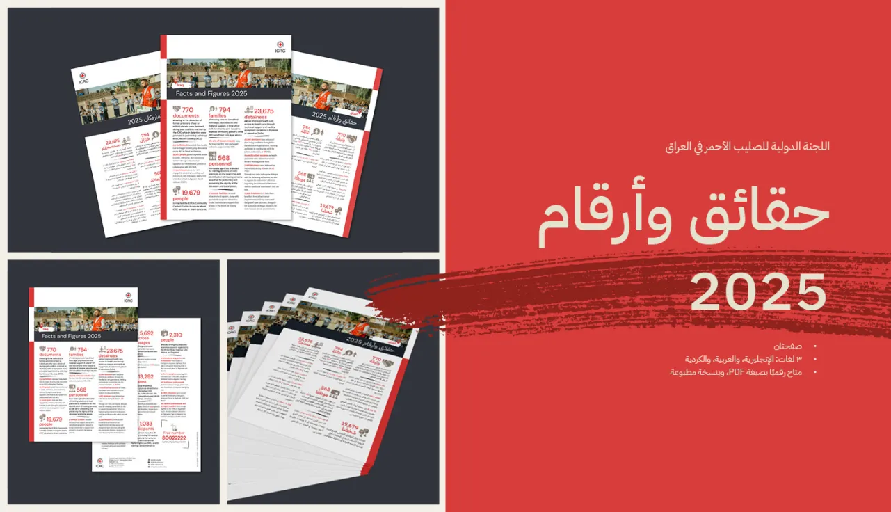 نماذج لنشرة "حقائق وأرقام - العراق 2025"، تُظهر تصميمًا احترافيًا مع عرض العنوان بشكل بارز على الغلاف.
