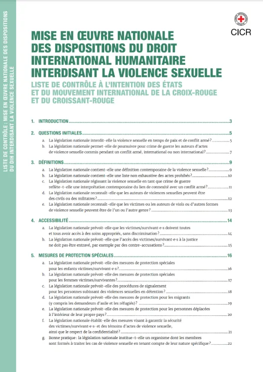 Mise en œuvre nationale des dispositions du droit international humanitaire interdisant la violence sexuelle – Liste de contrôle à l’intention des États et du Mouvement international de la Croix-Rouge et du Croissant-Rouge