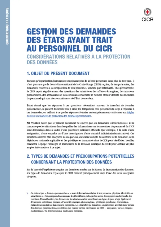Gestion des demandes des États ayant trait au personnel du CICR : considérations relatives à la protection des données