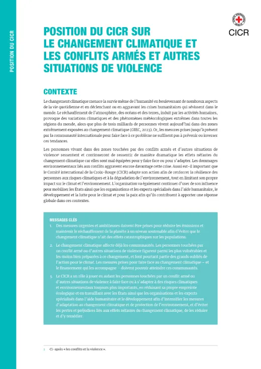 POSITION DU CICR SUR LE CHANGEMENT CLIMATIQUE ET LES CONFLITS ARMÉS ET AUTRES SITUATIONS DE VIOLENCE