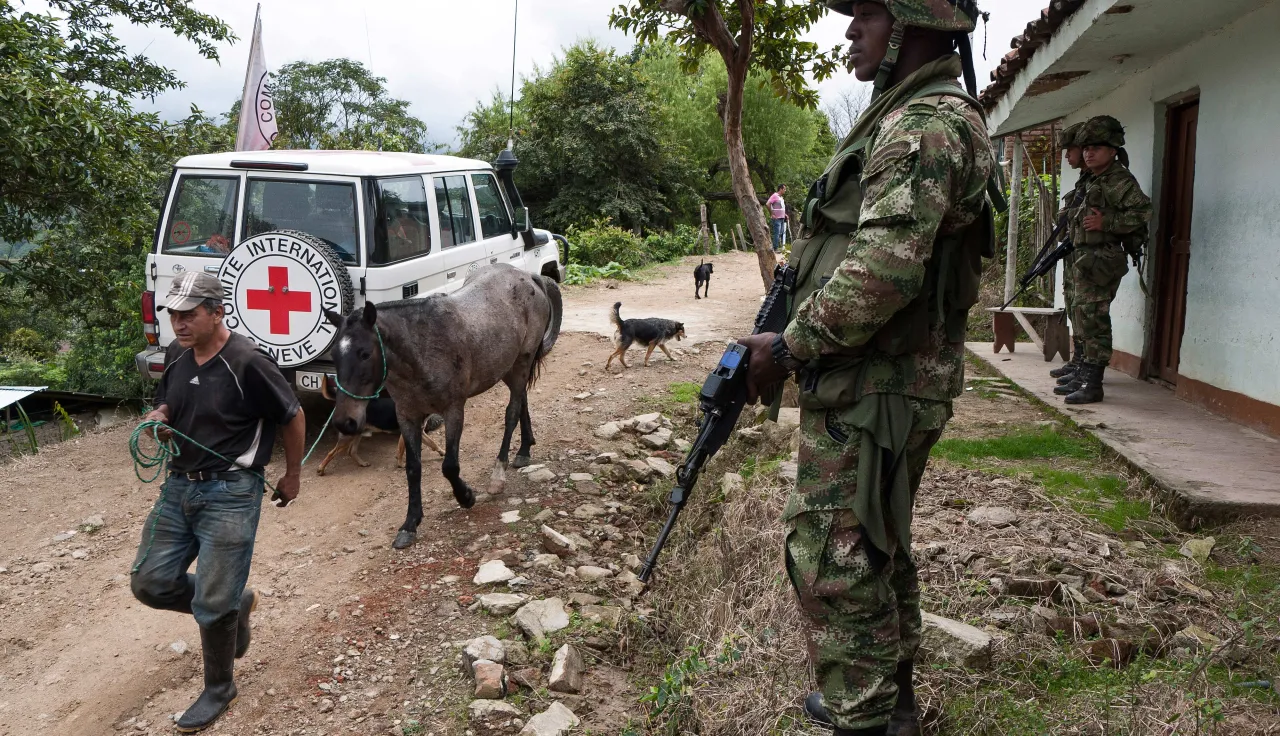 Northern Cauca, Colombia: Colombian Army soldiers patrol a civilian area. 