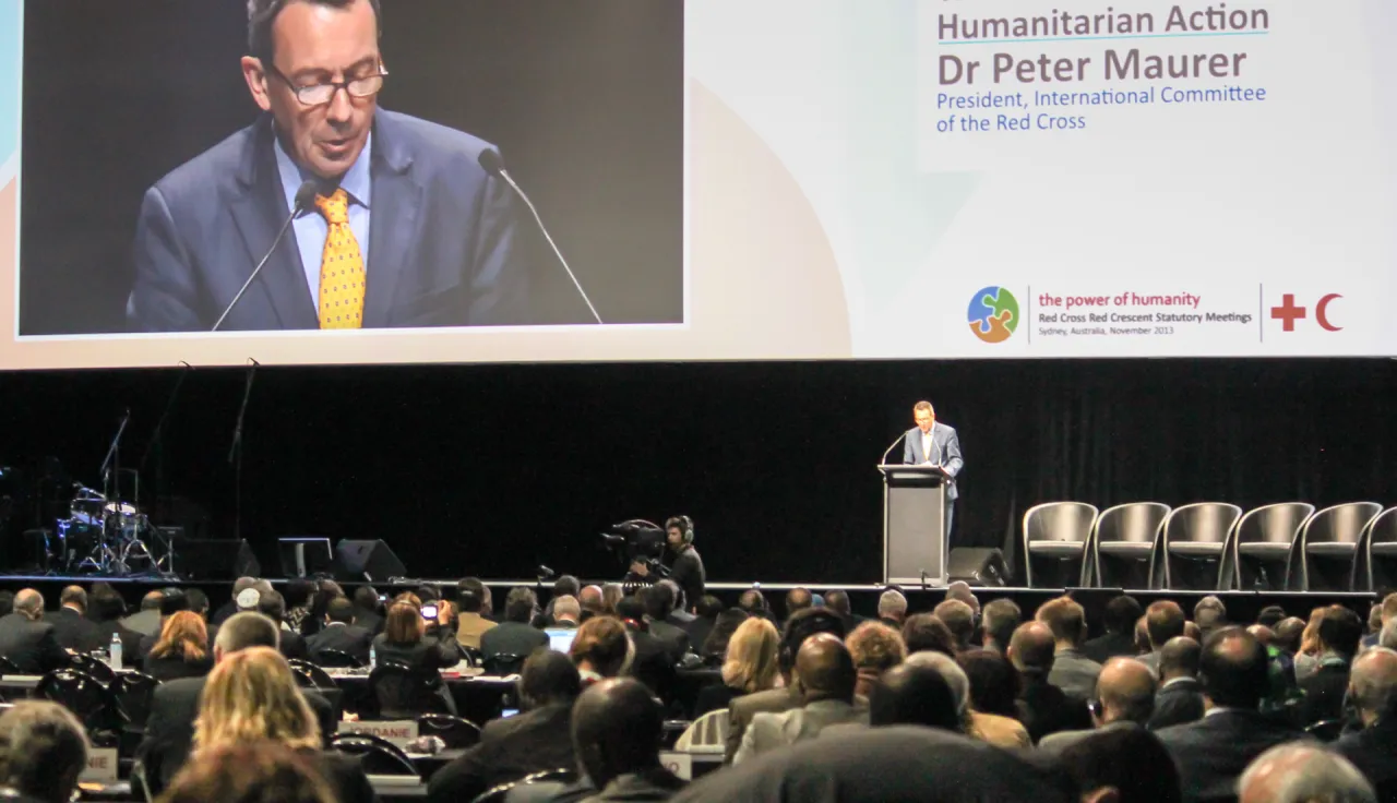 Former ICRC president Peter Maurer delivers a speech at the Council of Delegates in Sydney. 
