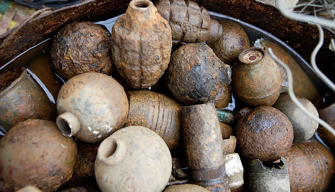 Container holding a range of grenades, submunitions and other recovered unexploded ordnance in Xieng Khouang, Phonsavan.