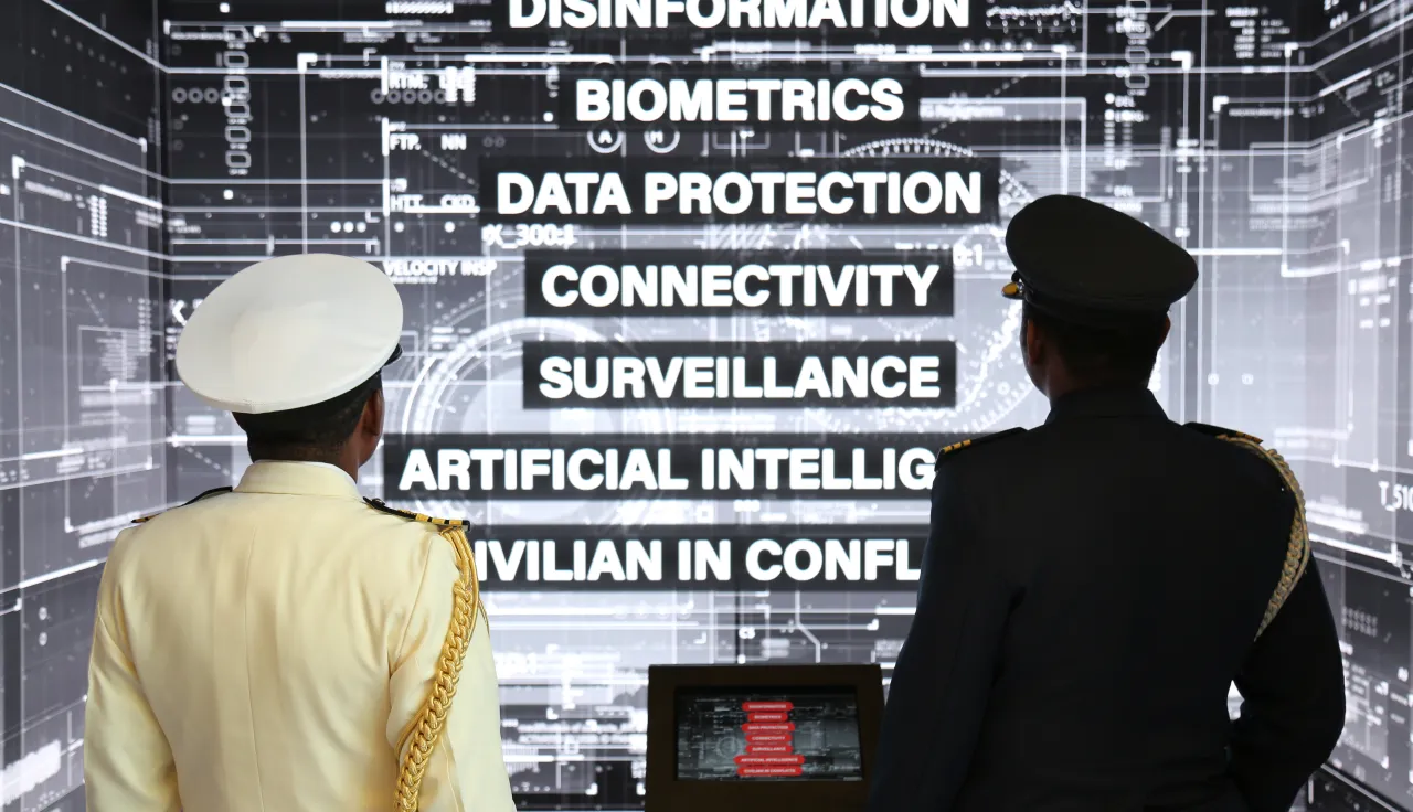 Two military officers survey tech terms before them.