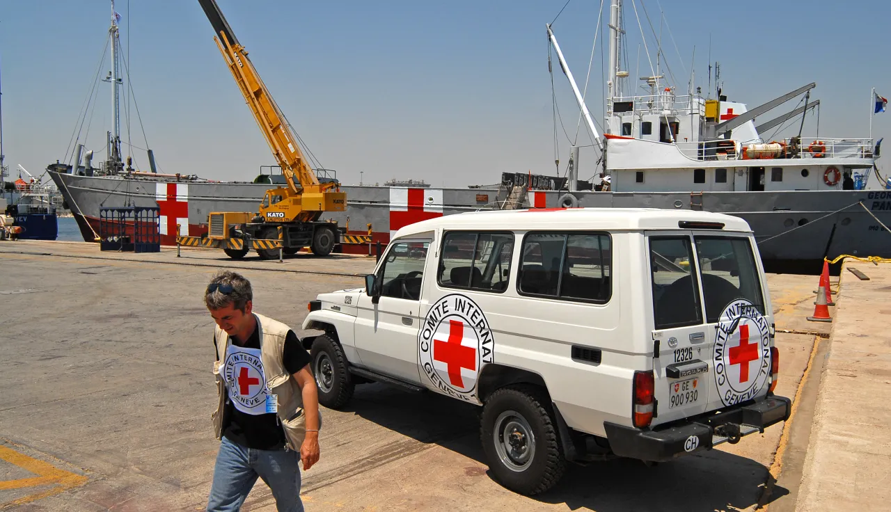 A ship used to transport relief aid from Cyprus to Lebanon in Larnaka harbour bears the red cross emblem.