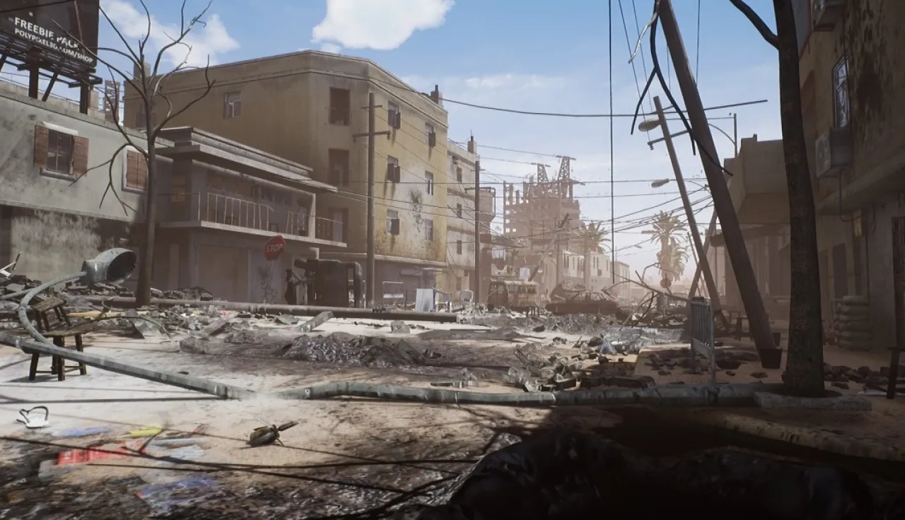 The ICRC's Virtual Reality Unit uses its own vast, internal expertise - both local and international - to design and authenticate its virtual environments, such as this urban combat setting. ICRC A virtual reality showing a street view of devastated ruins.