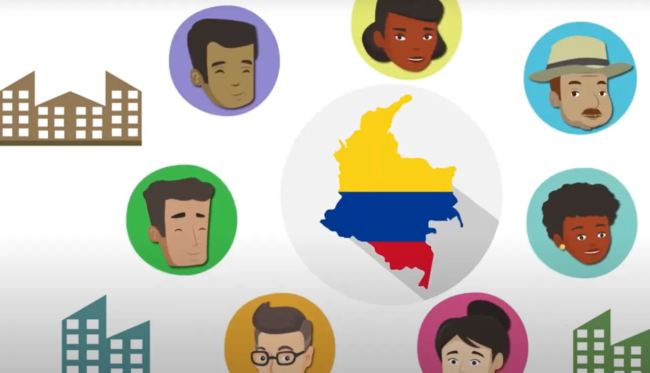 Ilustraciones de diferentes personas alrededor de una bandera de Colombia