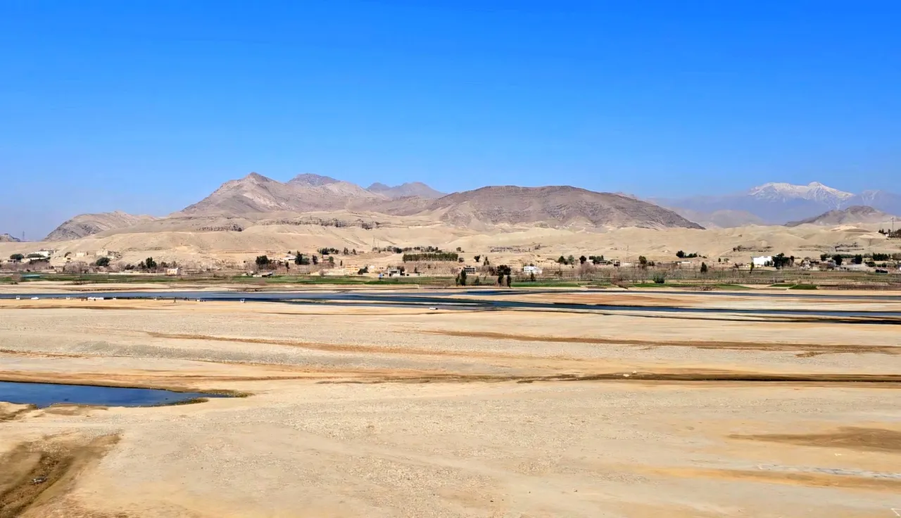 A landscape view of a drying Kabul River flowing towards Jalalabad province