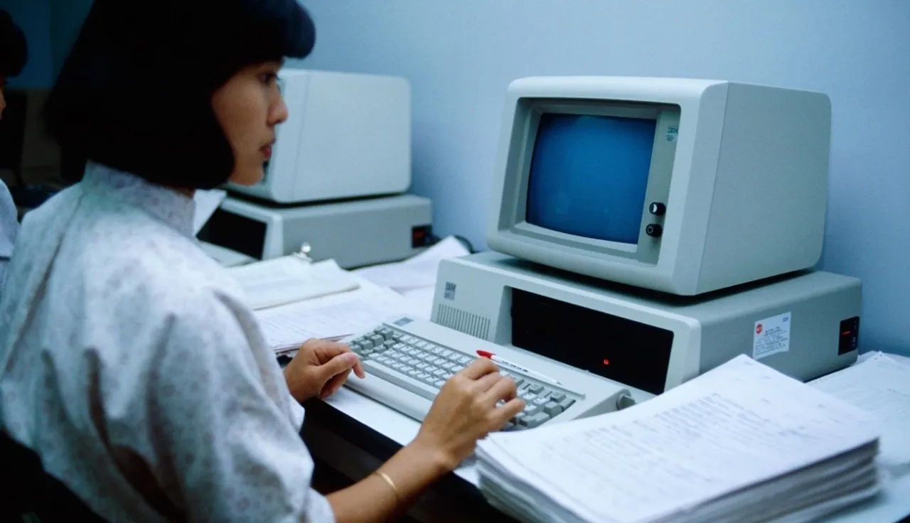 ICRC 1986, Bangkok, computer in the office of the Central Tracing Agency in the delegation.