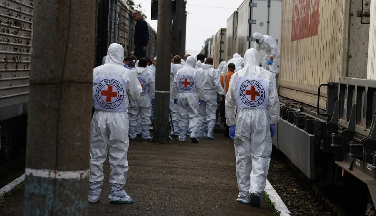 ICRC staff observing a transfer of human remains between Russia and Ukraine in June 2025. 