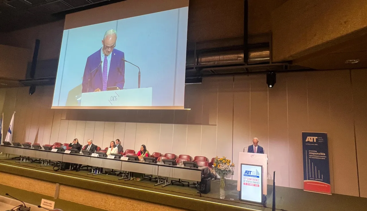 ICRC Vice President Giles Carbonnier stands behind podium delivering statement 