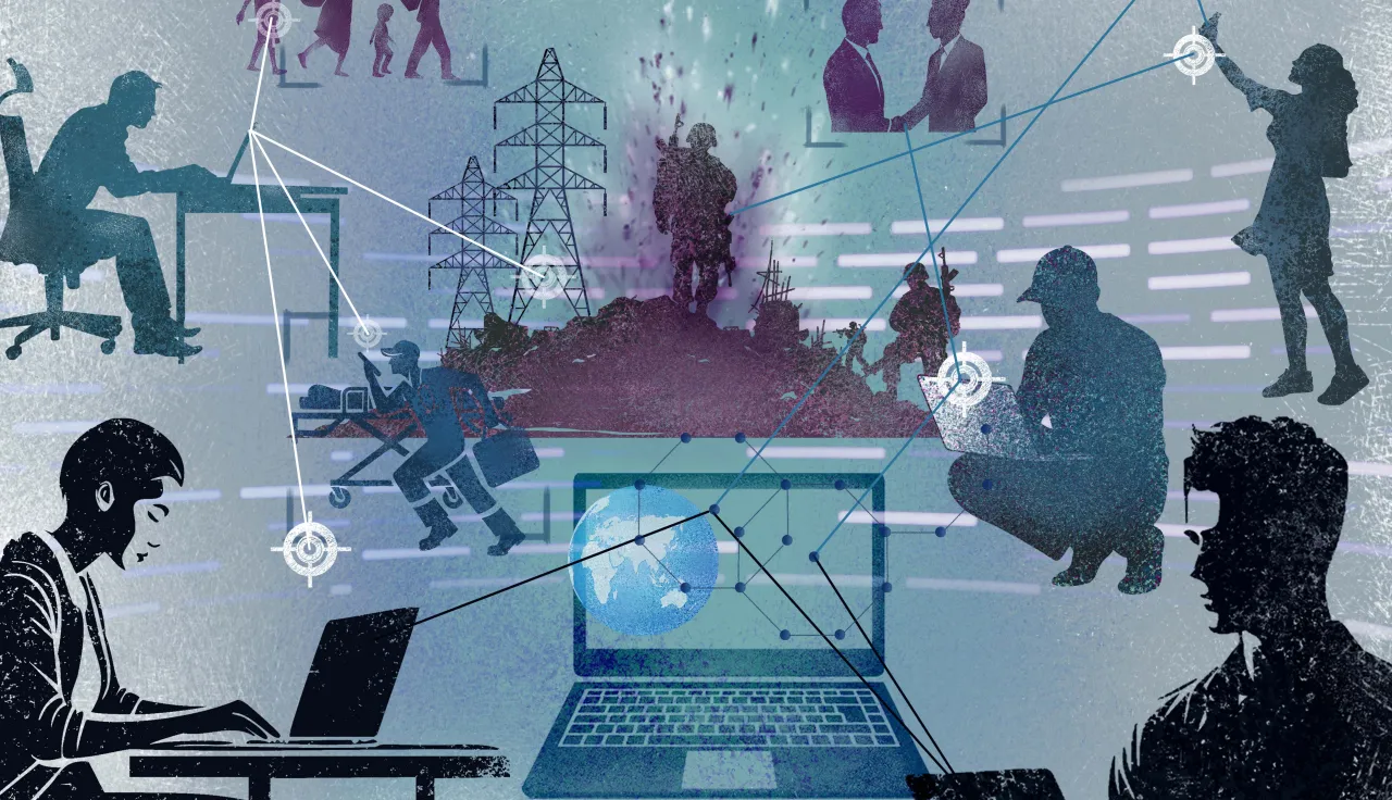 Illustration showing the intersection of technology and warfare. Silhouettes of people use computers and communicate via digital networks while scenes of conflict, including soldiers, civilians fleeing, helicopters, and explosions, appear in the background. Lines and data connections link the figures, symbolizing cyber operations and the impact of digital technology on modern conflict.