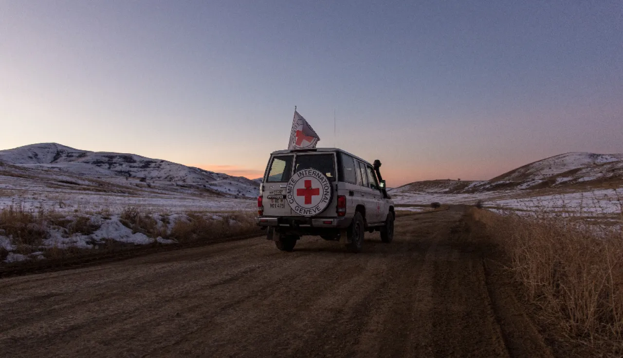 ICRC car in a border area between Armenia and Azerbaijan.