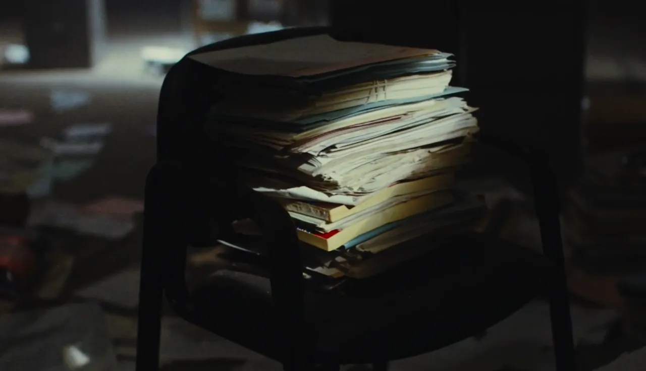Imágen de carpetas y papeles sobre una silla. Las ilumina una luz tenue.