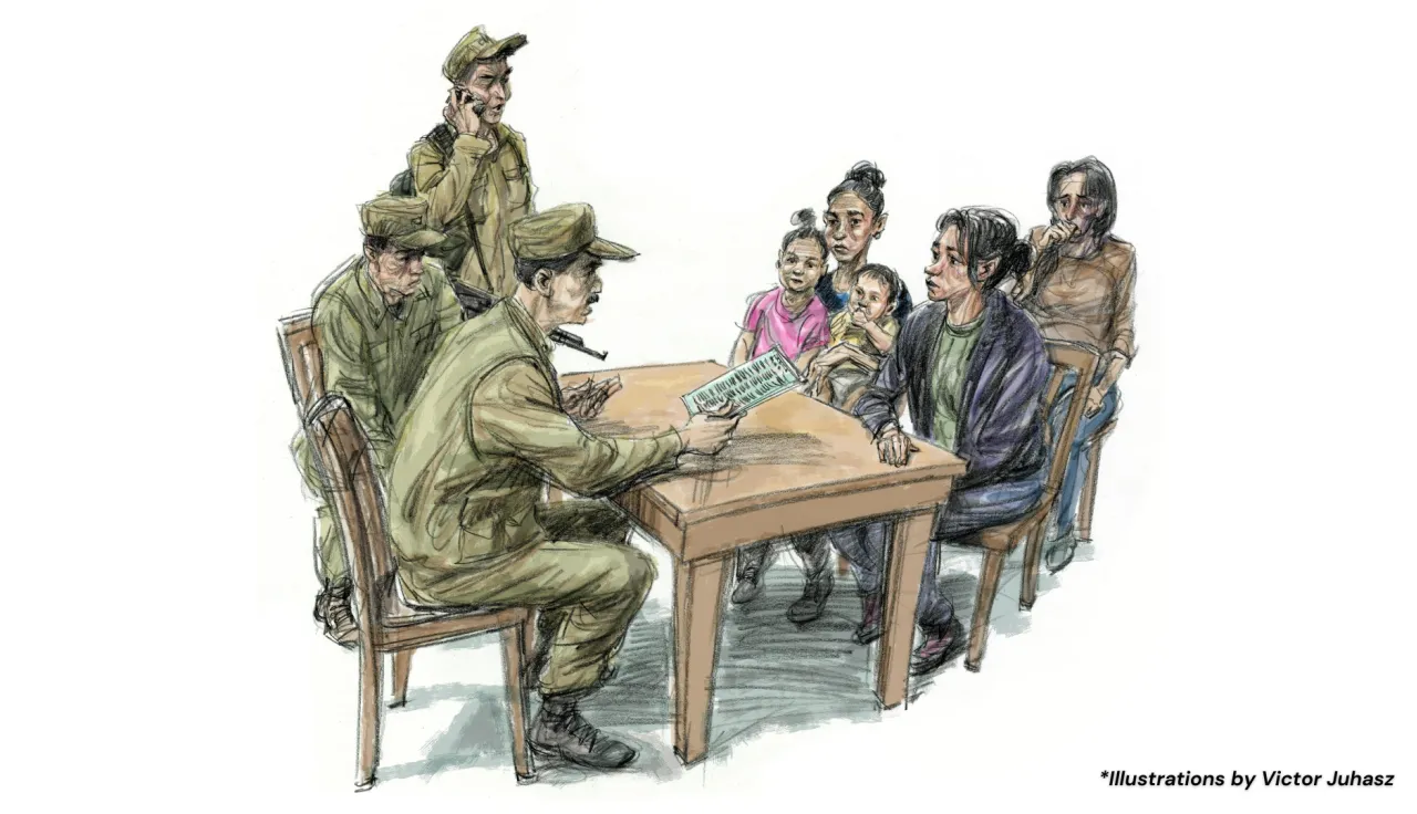 Ilustración de tres hombres armados sentados y hablando con un grupo de civiles que están del otro lado de la mesa.