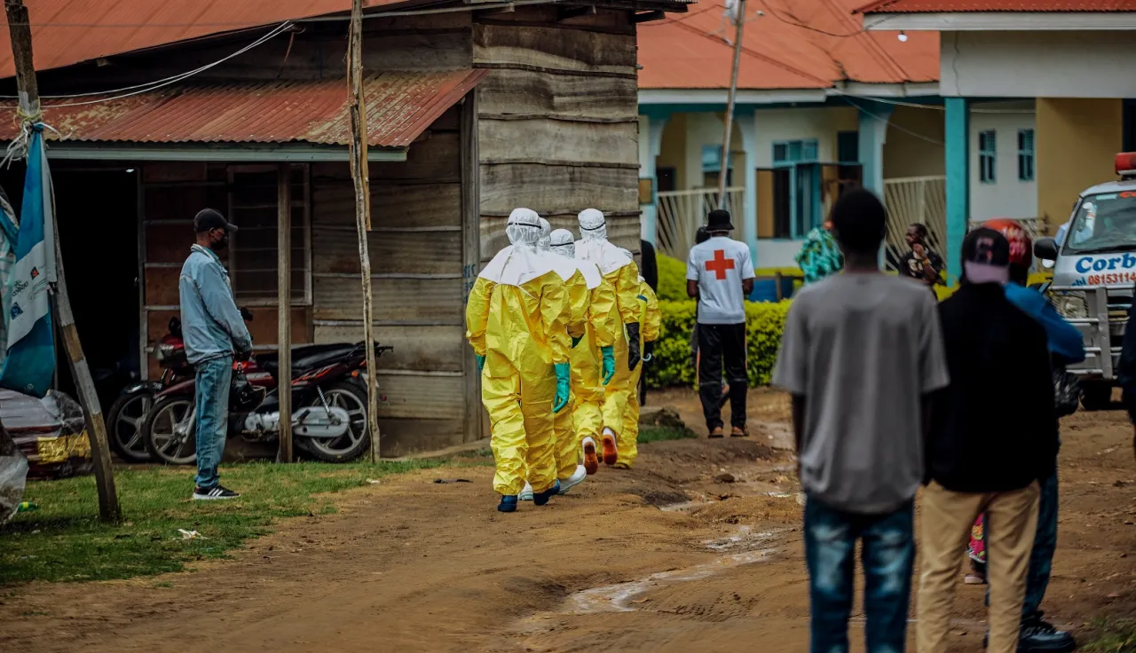 May 2026, Bunia, Ituri Province, north-eastern Democratic Republic of the Congo. Volunteers from the Red Cross of the Democratic Republic of the Congo, wearing personal protective equipment, at Nyakunde Hospital. They are preparing to disinfect the bodies of people suspected of having Ebola virus disease.