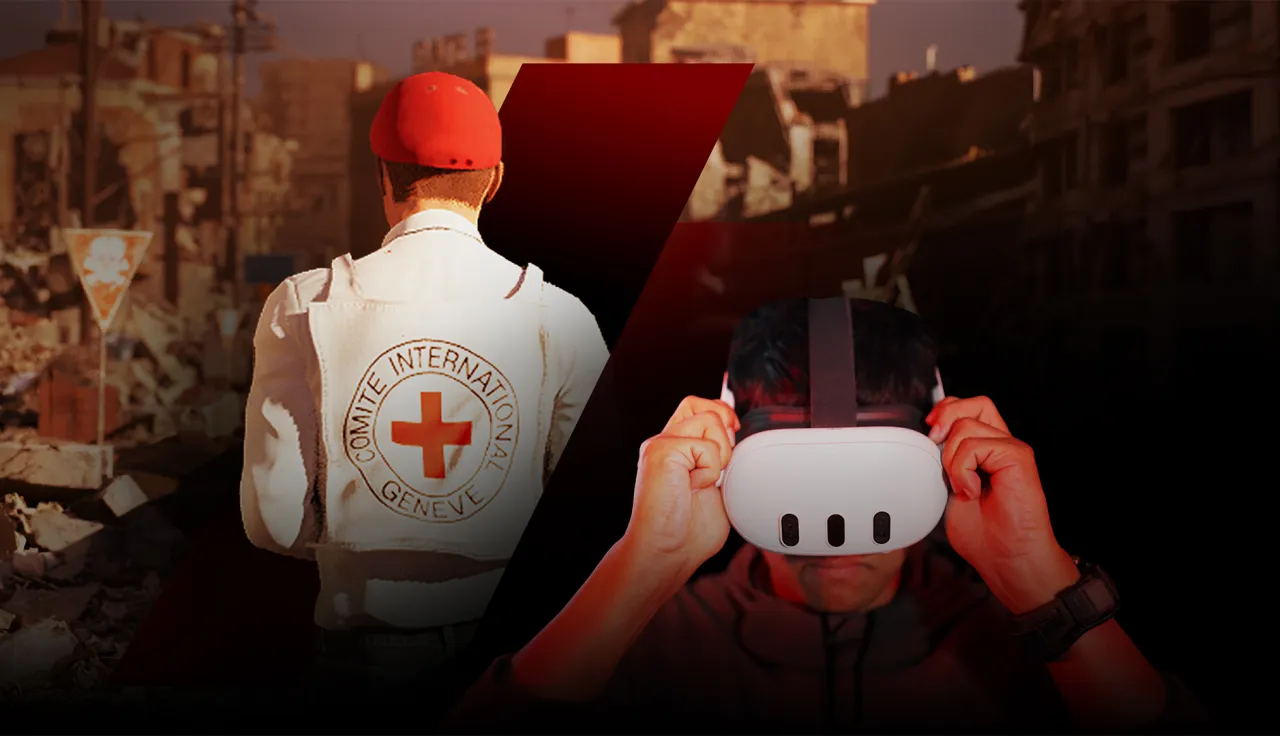 Composite image showing an ICRC staff member in a white vest with the Red Cross emblem, standing with their back to the viewer overlooking a war-damaged urban area, alongside a person lifting a virtual reality headset to their face, separated by a plus sign.