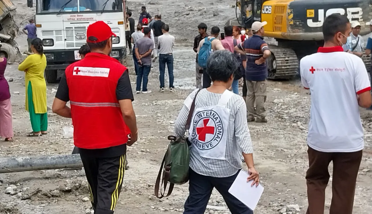 Members of a joint NRCS-ICRC field assesment team visit the Nuwakat Camp in Nuwakat, Nepal to assess gaps in RFL and MotD, hospital records, missing-person information, response operations and conditions on August 30, 2026.  The camp is holding residents from Nuwakot district affected by the recent flash floods that struck the region. 