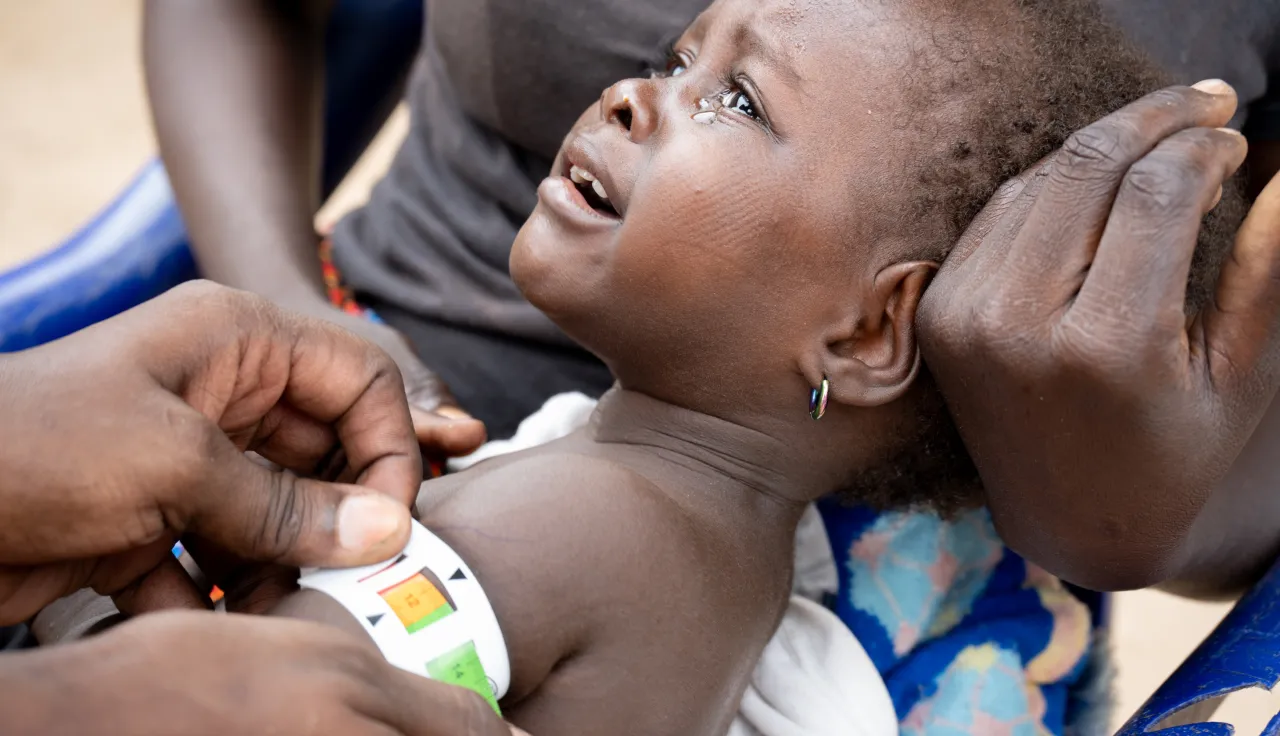 A child in Madagali, Northeast Nigeria, has her Mid-Upper Arm Circumference (MUAC) measured by ICRC staff to assess her nutritional status.