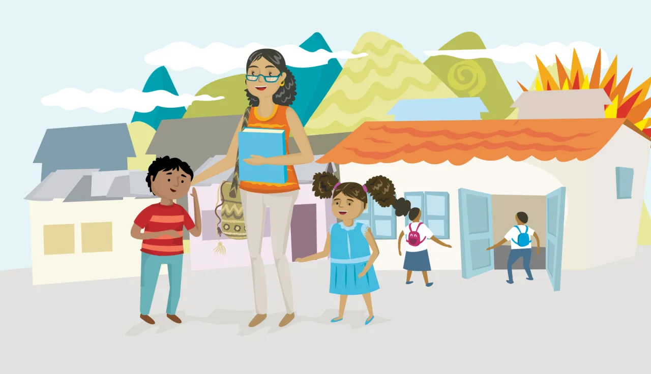 Ilustración que muestra a una mujer con una carpeta en la mano, rodeada de niños