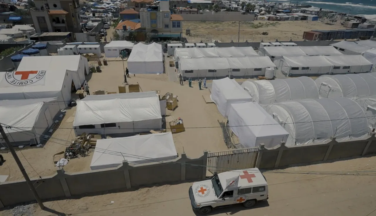 Aerial shot of Red Cross Field Hospital in Rafa, Gaza Strip