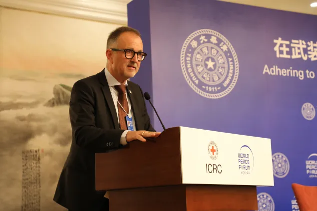2024年7月7日，红十字国际委员会主席中国事务特使、东亚地区代表处主任史德林先生在红十字国际委员会与清华大学国际关系研究院共同举办的“在武装冲突中遵守人道规范”专题小组会上发表开幕致辞。