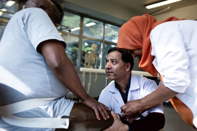 Prosthetic leg fitting to man who  lost his leg due to armed conflict in  ICRC support physical rehabilitation  center at Black lion Hospital, Addis Ababa, Ethiopia. September, 2024