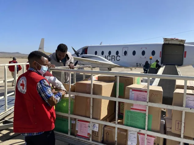 Ethiopia, Tigray, Red flight delivering medicine  