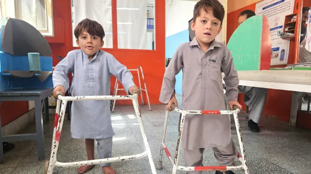 Little Mohabbatullah and Yusuf, both battling cerebral palsy, continue receiving care at the ICRC’s physical rehabilitation centre in Kabul