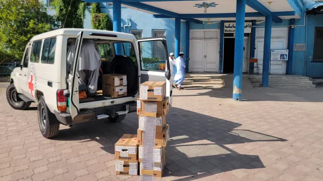 Emergency medical items, for victims of flash floods, donated to the Fatima Zahra Hospital in Nangarhar province