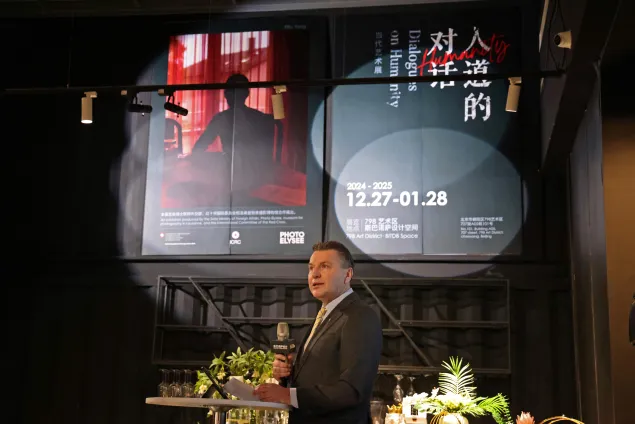 Boris Kelecevic, Deputy Head of the ICRC Regional Delegation, delivers opening remarks at Dialogues On Humanity exhibition, in Beijing, China.