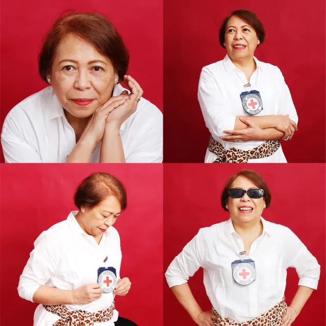 Mariegen Balo in a white shirt poses in four different ways against a red background, wearing an ICRC identification badge.