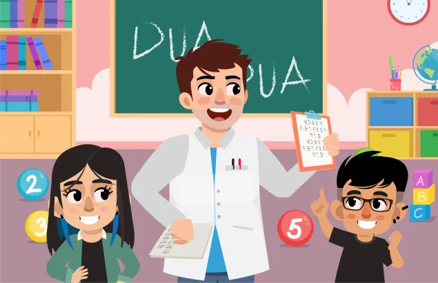Una ilustración de un salón de clases con niñas y niños y un profesor.