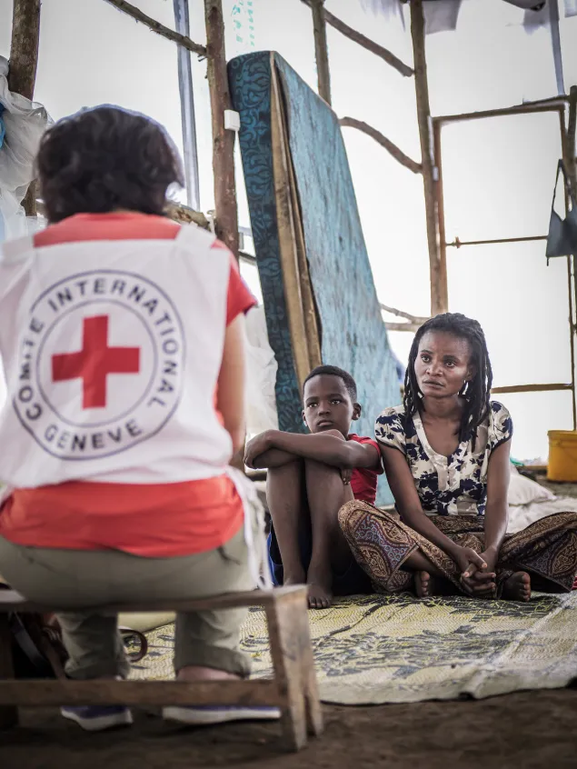 Sylvie Zawadi Miranyo, a mother of four now living in Musenyi camp in Giharo commune, southern Burundi, sits on a mat in the tent where she has been staying, her son beside her, speaking to an ICRC staff member.